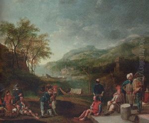 Oriental Merchants And Galley Slaves In A River Landscape by Jan Griffier the Elder