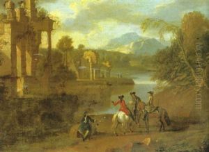 An Elegant Riding Party Conversing On A Path Near A River, Classical Ruins And A Mountain Landscape Beyond An Elegant Riding Party Conversing On A Path Near A River, Classical Ruins And A Mountain Landscape Beyond