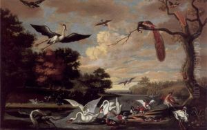 Swans, Ducks, A Red-breasted Merganser, A Galinule, A Stork, Heron, Peacock And A Falcon In A Wooded River Landscape