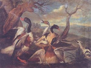 A Shellduck, A Male Pintail, A Goosander, A Male Mallard And A Male Smew On The Bank Of A River, A Landscape Beyond by Jan Griffier the Elder
