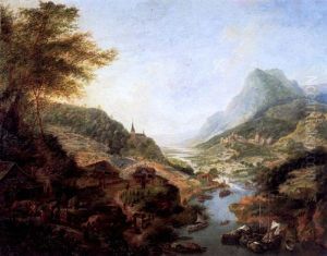 Weite Flusslandschaft Mit Lastschiffen Und Tanzenden Bauern Im Vordergrund