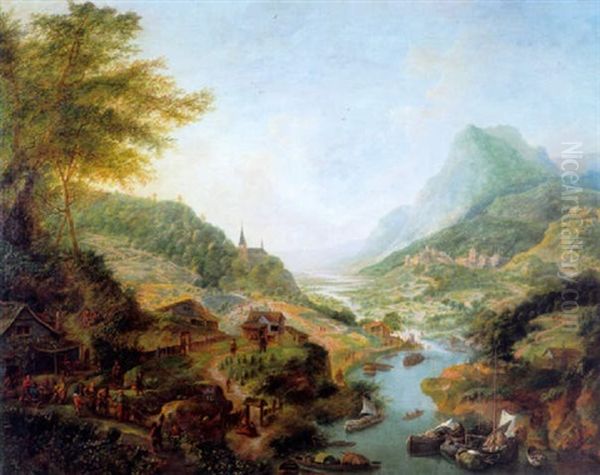 Paysage Fluvial Avec Peniches Et Paysans - view 1
