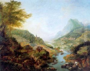 Paysage Fluvial Avec Peniches Et Paysans