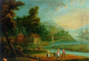 A River Landscape With Villagers In The Foreground by Jan Griffier the Elder