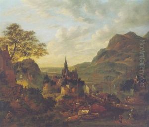 An Extensive Rhenish Landscape, With Moored Boats, A Castle And Mountains Beyond