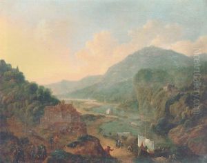 Figures And Boats In A Rocky River Valley