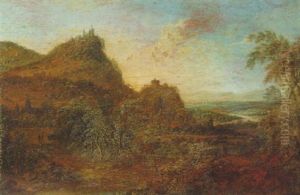 An Extensive River Landscape At Sunset by Jan Griffier the Elder