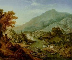 A Rhenish Lanscape With Peasants And Boats In The Foreground, A Town Beyond