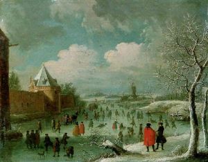 A Winter Landscape With Townsfolk Skating On A Frozen Moat by Jan Griffier the Elder