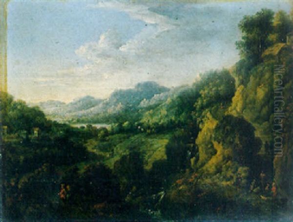 A Rhenish Landscape With Travellers On A Track By A Waterfall - view 1
