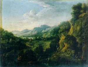A Rhenish Landscape With Travellers On A Track By A Waterfall by Jan Griffier the Elder