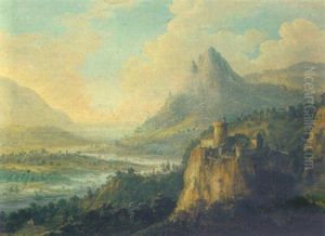 A Mosel Landscape With A Fortified Castle And Mountains Beyond