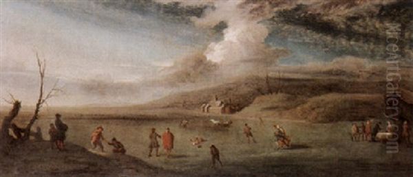 An Extensive Lake Scene With Figures Skating On The Ice, A Castle Beyond - view 1