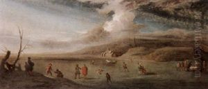 An Extensive Lake Scene With Figures Skating On The Ice, A Castle Beyond by Jan Griffier the Elder