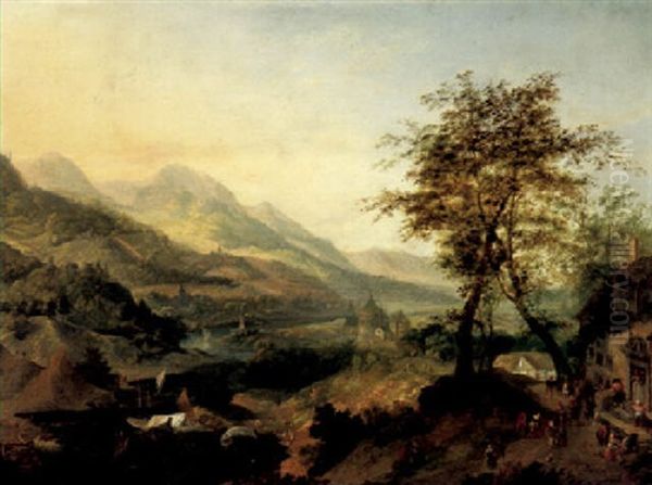 An Extensive Mosan River Landscape With Revellers Before An Inn In The Foreground - view 1