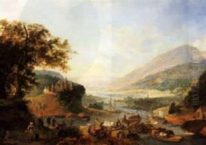Weite Rheinlandschaft Mit Ladeschiffen, Links Auf Einem Hugel Ein Schloss