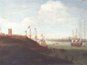 An English Coastal Estuary With Shipping Moored Near A Church And A Man-o'-war Setting Sail by Jan Griffier the Elder