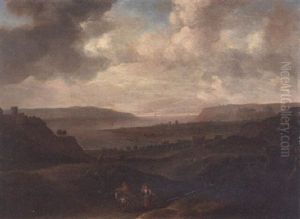 An Extensive Coastal Landscape With Peasants On A Track, A Town Beyond by Jan Griffier the Elder