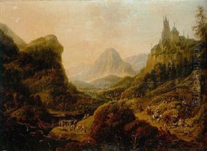 Rhemish Landscape With Numerous Boats, Peasants Outside An Inn In The Foreground, Hilltop Castle Beyond