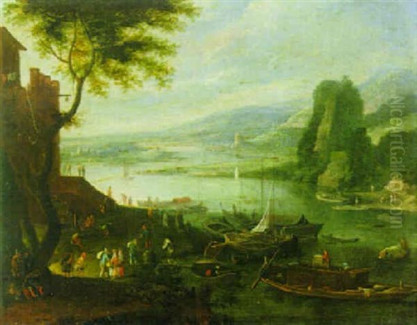 Rhenish Landscape With Figures Unloading Boats, Others Conversing On The Shore, A Castle Beyond - view 1