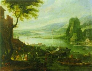 Rhenish Landscape With Figures Unloading Boats, Others Conversing On The Shore, A Castle Beyond by Jan Griffier the Elder