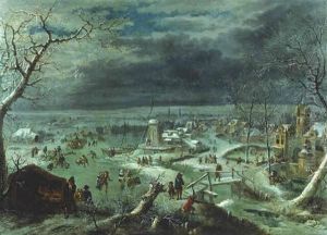A Winter Landscape With Skaters On A Frozen Waterway By A Village, Antwerp Beyond