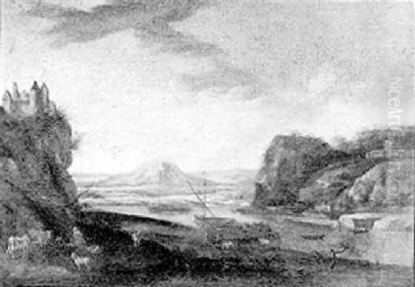 A Mountain Landscape With Figures And Farm Animals Near A River - view 1