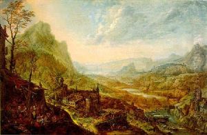 Gebirgige Flusslandschaft Mit Schiffsleuten, Haendlern Und Festgesellschaft