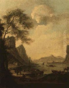 Mountainous River Landscape With Figures Unloading A Boat And Cattle Nearby