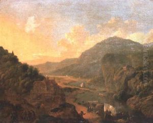 A Rhenish Landscape With Peasants On A Track And A Farmhouse by Jan Griffier the Elder