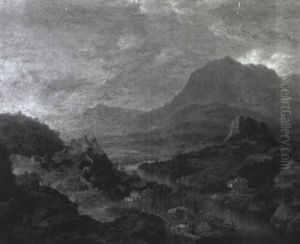Rhenish Landscape With Barges Moored Below A Ruined Castle