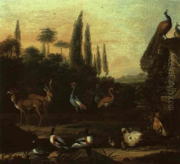 Park Landscape With Deer, Ducks, Cranes And Other Birds - view 1