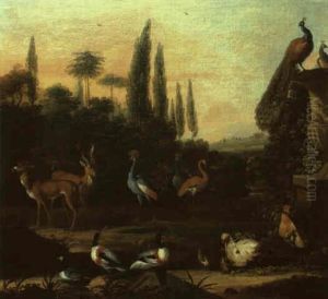 Park Landscape With Deer, Ducks, Cranes And Other Birds
