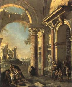 Italienische Ruienenlandschaften Mit Figuren Und Gegenstuecke by Jan Griffier the Elder
