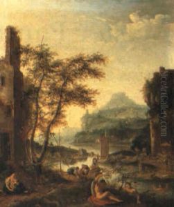 River Landscape With Bathers And Men Unloading Boats by Jan Griffier the Elder