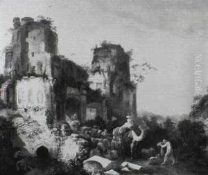 Travellers With Cattle And A Camel On A Bridge By A Ruined  Citadel