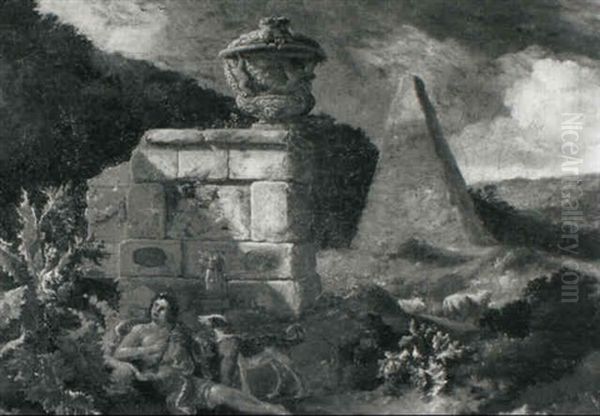 A Shepherd At Rest With A Dog By A Ruin - view 1