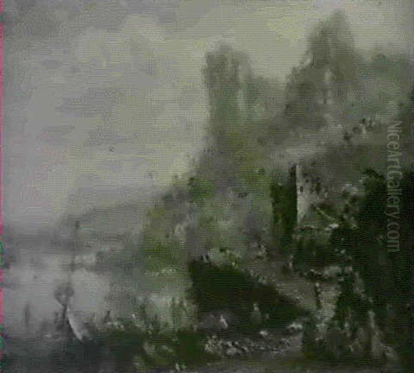 A Rhineland River Scene With Figures Resting By The Roadsidebefore A Ruined Tower - view 1