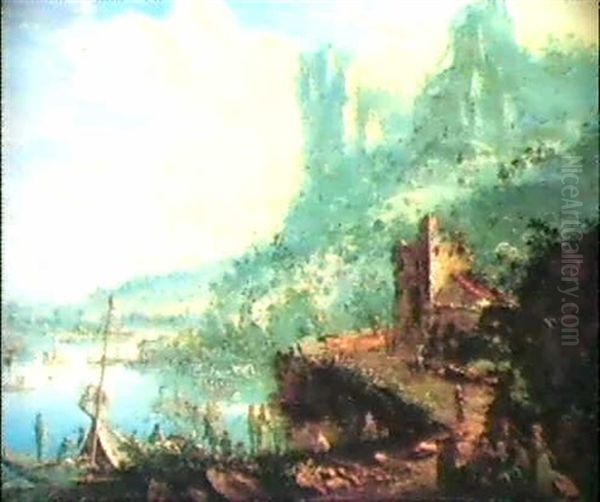 A Rhineland River Scene With Figures Resting By The Roadsidebefore A Ruined Tower - view 1