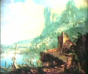 A Rhineland River Scene With Figures Resting By The Roadsidebefore A Ruined Tower