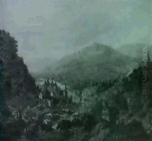 A Rhenish River Valley With Moored Barges Near A Castle. by Jan Griffier the Elder