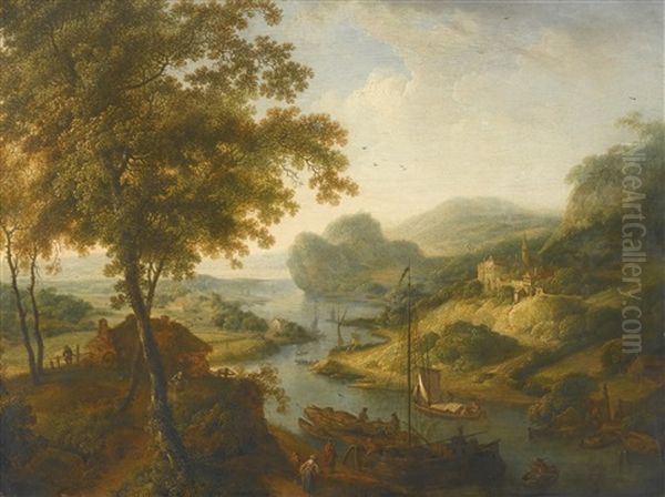 Mountainous River Landscape With Figures In Boats - view 1