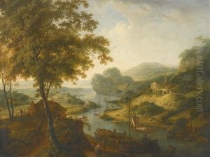 Mountainous River Landscape With Figures In Boats by Jan Griffier the Younger
