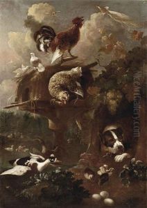A Rooster, Two Doves And A Partridge By A Dovecote With A Chained Dog, Ducks And Ducklings Nearby