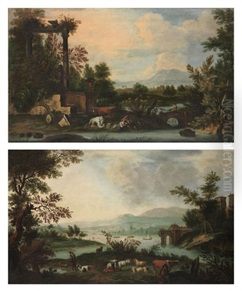 A Rural Landscape With Cappricci, Figures, And A Herd (+ Another; Pair) - view 1