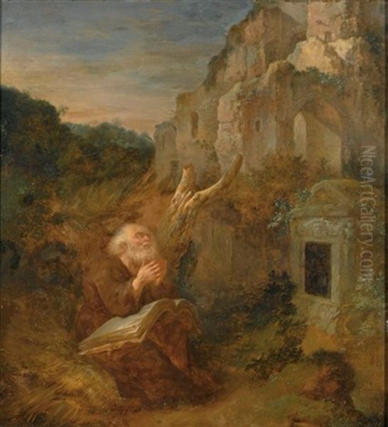A Hermit Praying In Front Of A Tomb Near A Ruin In A Landscape - view 1