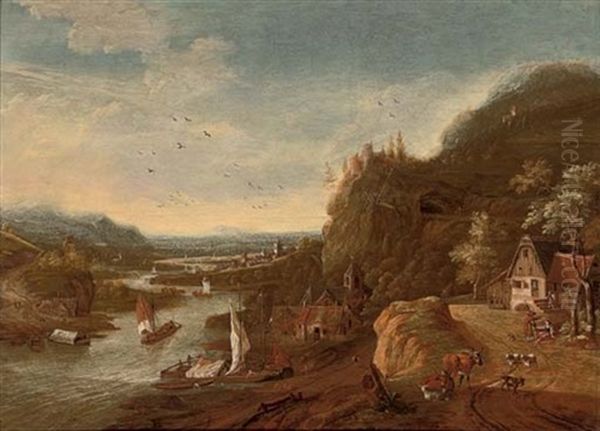 A Rhenish Landscape With Sailing Barges, A Castle On A Hill Beyond - view 1