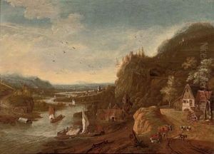 A Rhenish Landscape With Sailing Barges, A Castle On A Hill Beyond