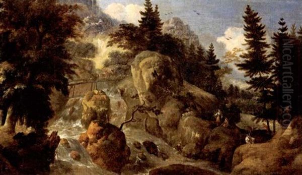 Landschaft Mit Bergbach Und Hirten Mit Vieh - view 1