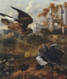 A Hen Protecting Her Chickens From A Hawk, By A Ruin